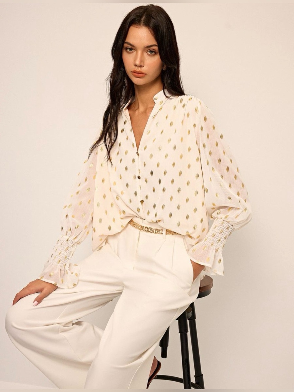 COMMENSE Women's Ivory Blouse with Gold Polka Dot Detail - Size Medium